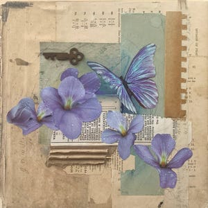 Butterfly and Violets Mixed Media Collage / Collage Art / Mixed Media Art