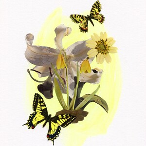 Handmade floral collage, butterfly art, original collage, yellow art