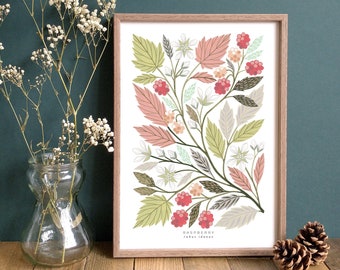 Raspberry Botanical Art Print // Giclée // A4 Woodland Botanical Wall Art // Wildlife // Nature // Floral Illustration