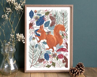 Red Squirrel I Art Print // A4 or A3 Art Print // Woodland Wildlife Home Decor // Nature gift // Wildlife gift for nature lover