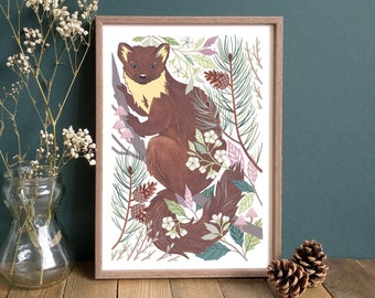 Pine Marten Art Print // Woodland Wildlife Illustration - A4 or A3 Giclée Print // Woodland wall art for a nature inspired home