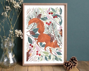 Red Squirrel II Art Print // A4 or A3 Art Print // Woodland Wildlife Wall Art // Animal Art // Gift for wildlife and woodland lovers