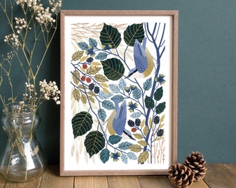 Nuthatch Art Print // Woodland Bird Wall Art // A4 or A3 Giclée Art Print // Bird Illustration // Wildlife Art Gift // Nature Lover Gift
