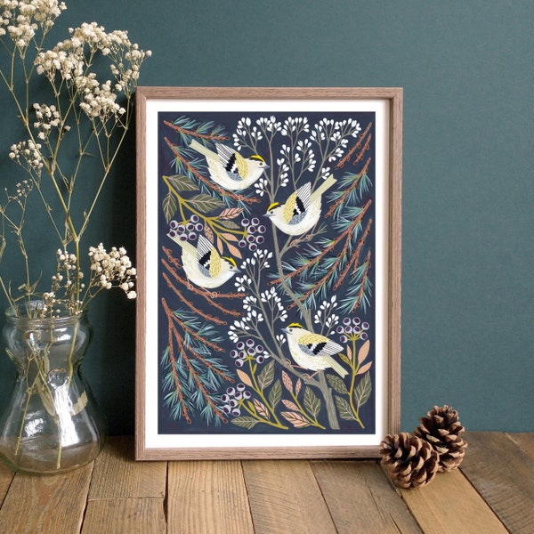 Birds and Botanicals Goldcrest Art Print // A4 or A3 Giclée Wall Art // Gift for Bird Lovers // Wildlife Gift for Nature Lovers