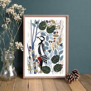 Woodpecker Art Print // Woodland Bird Wall Art // A4 or A3 Giclée Art Print // Bird Lover Gift // Wildlife Art Gift // Nature Illustration