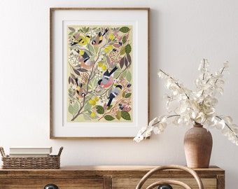 Charm of Finches I - Nature Inspired Art Print // A3 or A2 Large Wall Art // British Bird Art // Woodland Art