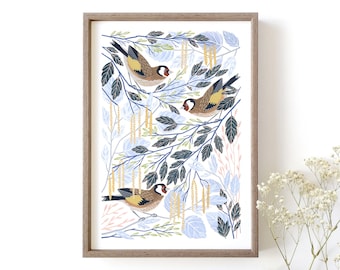 Goldfinch Art Print // Woodland Bird Wall Art // A4 or A3 Giclée Art Print // Bird Illustration // Gift for Nature Lovers // Wildlife Gift