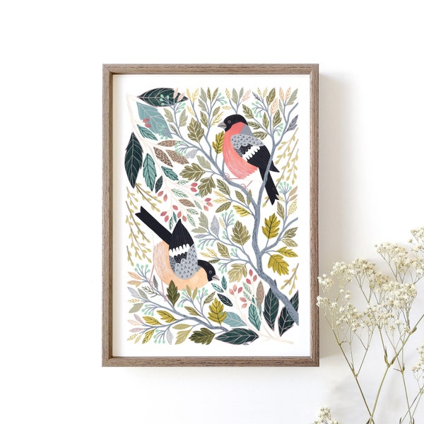 Bullfinch Art Print // Birds and Botanicals // A4 or A3 Giclée Wall Art // Bird Art Gift // Wildlife Art Gift // Nature // Spring Home Decor