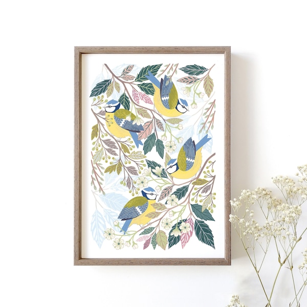 Blue Tit Giclée Art Print // Nature Inspired Bird Art Print //  Woodland Home Wall Art // Bird Painting // Wildlife Illustration