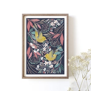 Greenfinch Art Print // Birds and Botanicals // A4 or A3 Giclée Wall Art // Bird Art // Wildlife // Nature // Spring Home Decor