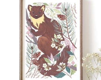 Pine Marten Art Print // Woodland Wildlife Illustration - A4 or A3 Giclée Print // Woodland wall art for a nature inspired home
