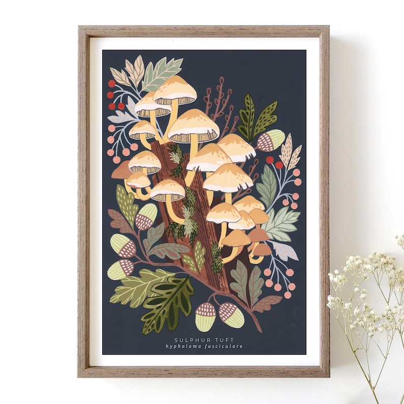 May include: A framed illustration of a cluster of yellow mushrooms growing on a tree trunk. The background is a dark blue color and the mushrooms are surrounded by green leaves and red berries. The text "SULPHUR TUFT" and "hypholoma fasciculare" is printed below the illustration.