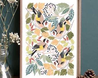 Goldfinch Bird Art Print | Garden Bird Print | Artist Print of Goldfinches with Birch, Elder & Rosehips
