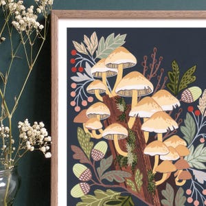 May include: A digital illustration of a cluster of yellow mushrooms growing on a brown log. The mushrooms are surrounded by green leaves and red berries. The background is a dark blue color.