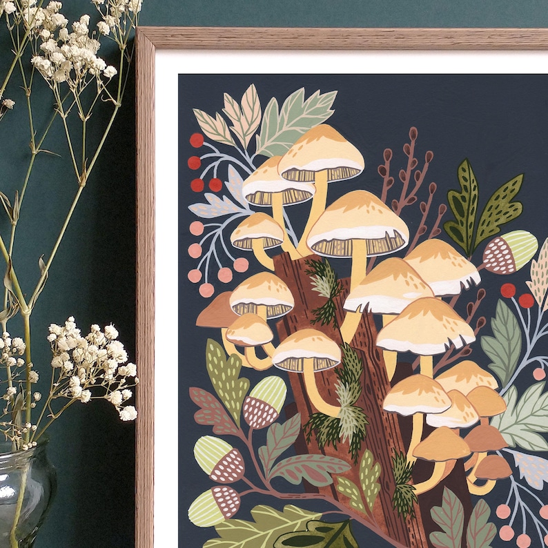 May include: A digital illustration of a cluster of yellow mushrooms growing on a brown log. The mushrooms are surrounded by green leaves and red berries. The background is a dark blue color.