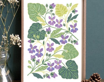 Botanical Art Print of Sweet Violet | Flower Wall Art Print with Purple Floral Artwork | British Wildflower Art Gift for Her