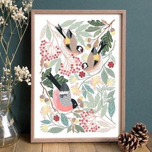 Woodland Finches Giclée Art Print // Nature Inspired Bird Art Print //  Woodland Home Wall Art // Bird Gift // Wildlife Gift