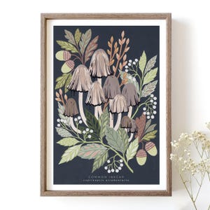 Op de afbeelding: Een digitale illustratie van een groep gewone inktzwammen, ook bekend als Coprinopsis atramentaria, omringd door groene en bruine bladeren en witte bessen. De paddenstoelen zijn afgebeeld in grijstinten en bruin, tegen een donkerblauwe achtergrond.
