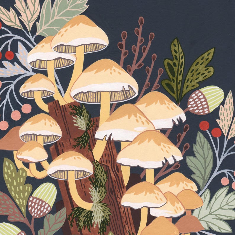 May include: A cluster of yellow mushrooms growing on a brown log with green foliage and red berries in the background.