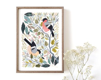 Bullfinch Art Print // Birds and Botanicals // A4 or A3 Giclée Wall Art // Bird Art // Wildlife Art // Nature // Spring Home Decor