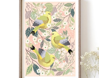 May include: A framed print of three yellow birds perched on branches with pink and white flowers. The birds are surrounded by green leaves and a light pink background.