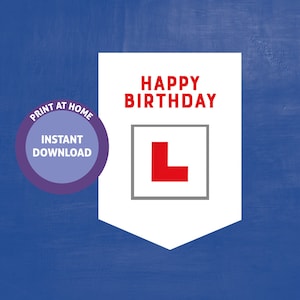 May include: Printable Happy Birthday card with a red L sign on a white background. The card has a purple circle with the text "Print at Home Instant Download".