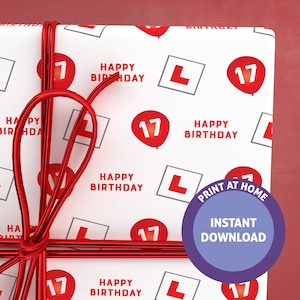 Afdrukbaar inpakpapier 17e verjaardag, digitale cadeauverpakking 17, afdrukbaar inpakpapier L-plaat, inpakpapier 17e verjaardag leerling chauffeur