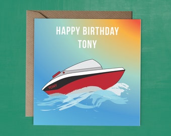 Tarjeta de cumpleaños personalizada con lancha rápida - Tarjeta de cumpleaños con barco - Tarjeta de cumpleaños personalizada con nombre de barco - Tarjeta de lancha rápida - Tarjeta para él
