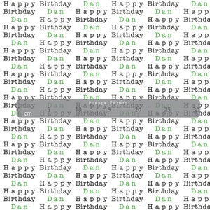 May include: A repeating pattern of the text "Happy Birthday Dan" in green and black text on a white background. The text is repeated in a grid pattern. The text "PURDEY PRINTS" is visible in the center of the image. A ruler is visible at the bottom of the image with measurements in centimeters.
