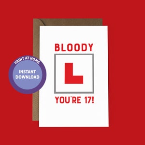 印刷可能な 17 歳の誕生日ドライブ カード - 印刷可能な Bloody L You're 17 カード - 自宅で印刷できる L プレート カード - 面白い 17 歳の誕生日カード