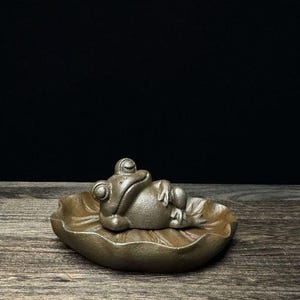 Könnte beinhalten: Eine dunkelbraune, texturierte Gusseisenfigur eines Frosches, der auf dem Rücken liegt. Der Frosch befindet sich in der Mitte einer kreisförmigen, flachen Schale in Form eines Seerosenblattes mit realistischen Blattadern und einem geschwungenen Rand.