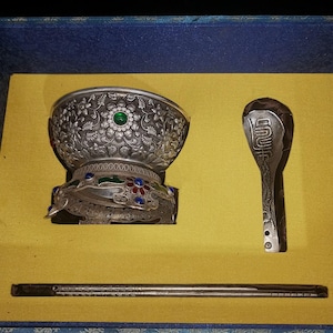 A set of handmade Tibetan silver tableware ornaments from China, precious and unique, decorated with desktop furniture
