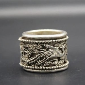 Chinese Antiques Handmade Tibetan silver Dragon Phoenix Ring，Wedding gift, gift for he,can rotate，Collectible and wearable