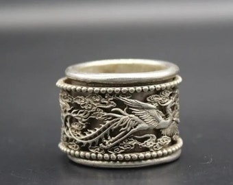 Chinese Antiques Handmade Tibetan silver Dragon Phoenix Ring，Wedding gift, gift for he,can rotate，Collectible and wearable