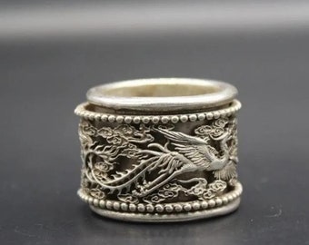 Chinese Antiques Handmade Tibetan silver Dragon Phoenix Ring，Wedding gift, gift for he,can rotate，Collectible and wearable