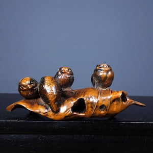Portalápices con forma de pájaro de boj chino antiguo hecho a mano, formas raras, decoración de muebles, colección y uso