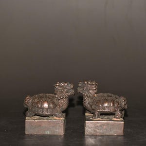 A pair of Chinese hand carved copper dragon turtle statue seals/paperweight ornaments, exquisite and rare, worth collecting and using