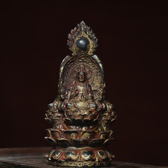 古董 置物 中国 仏像 三面仏像 彫刻 中国のアンティークの手作りの彫刻された青銅の三面仏像の装飾、絶妙な