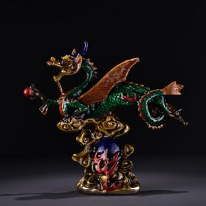 Chinese handmade carved copper inlaid enamel dragon statue ornament, exquisite copper statue, furniture decoration