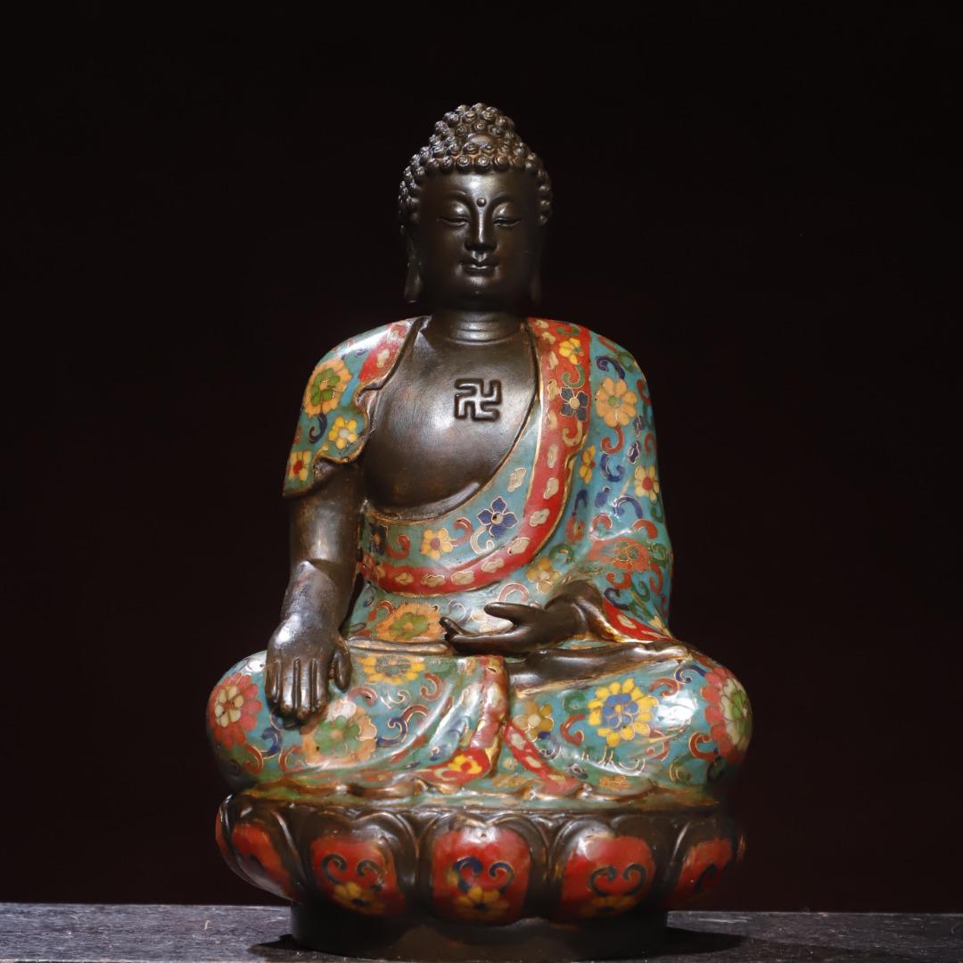 手作りの純銅製七宝焼き仏像、精巧な銅彫刻、卓上装飾品の中国