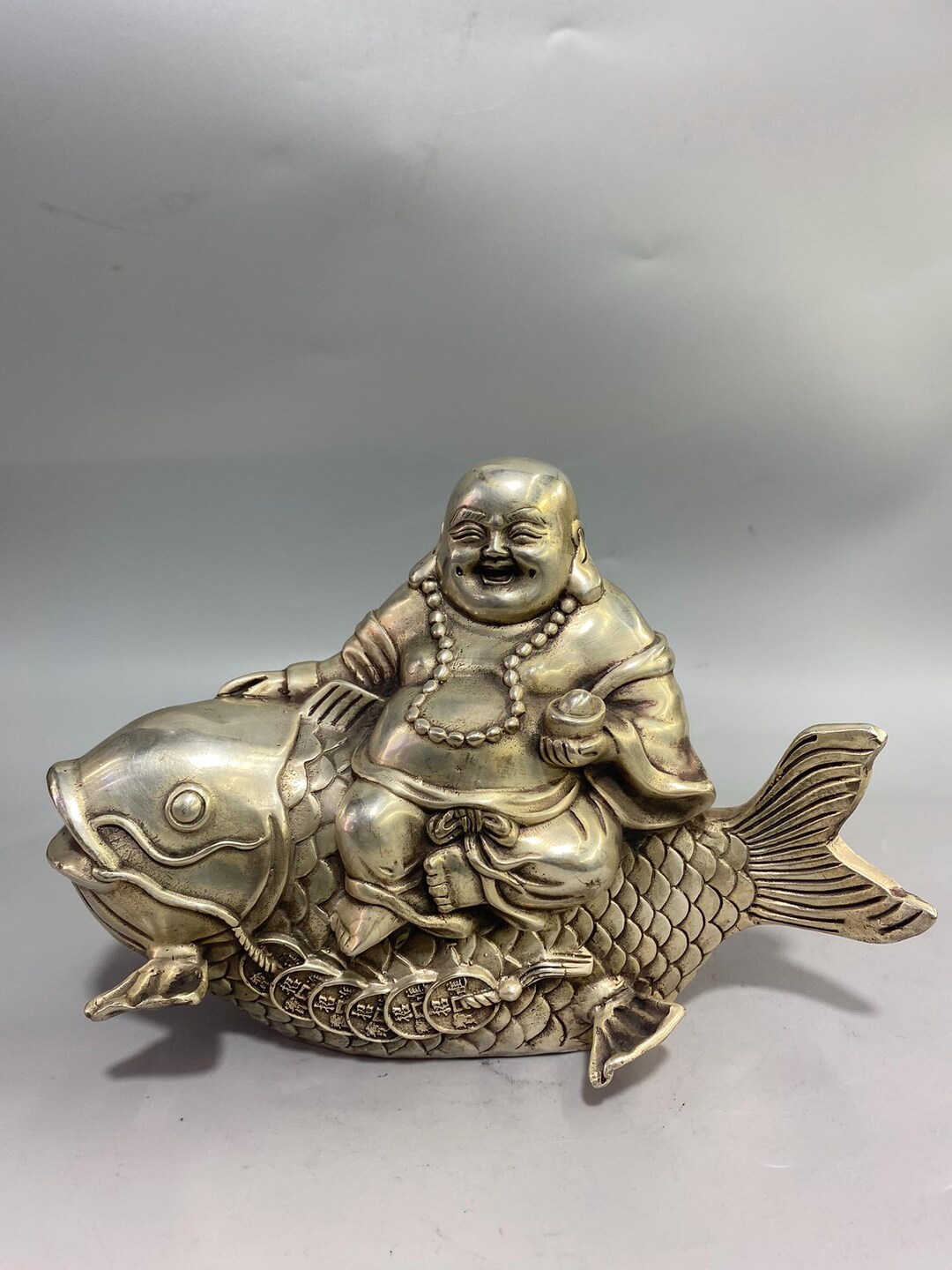 中国の手作り彫刻された白青銅の弥勒仏像の装飾品、家具の装飾 - Etsy 日本