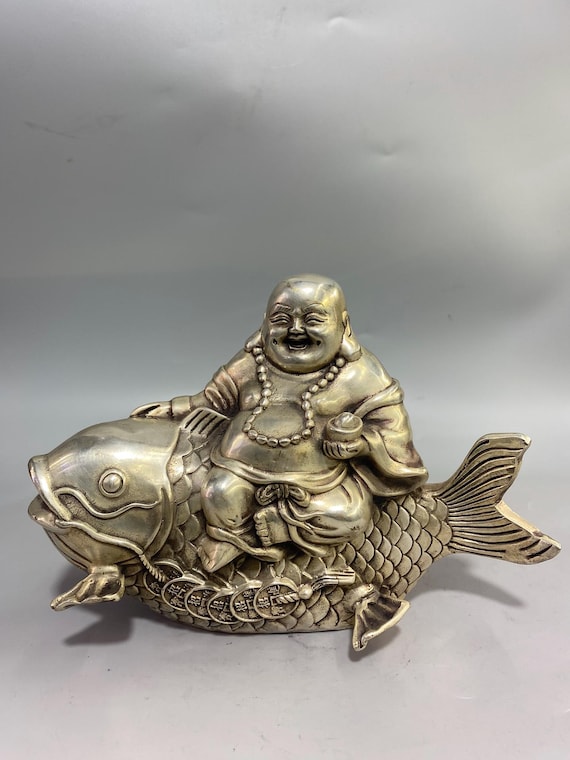 中国の手作り彫刻された白青銅の弥勒仏像の装飾品、家具の装飾 - Etsy 日本