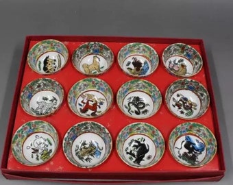 Handcarved Chinese zodiac tea cups,tea sets a set,Jingdezhen porcelain ornaments,tabletop ornaments,rare and unique,collecting and using