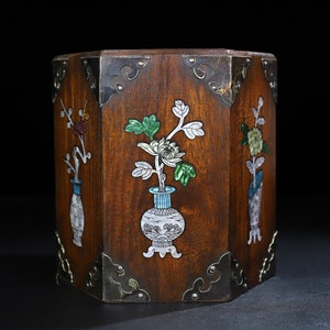Zeshoekige pennenhouder met palissander ingelegde schelp, met de hand gesneden, verzameld in China, prachtige patronen/cadeaus, tafelbladornamenten, kan worden gebruikt