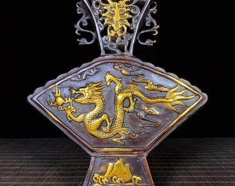 花瓶　銅製　龍模様 中国のアンティーク銅龍鳳凰模様の花瓶、ユニークな形、創造的な
