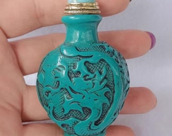 Chinese antique hand carved turquoise dragon patterned snuff bottle, furniture decoration, rare shape, worth collecting and using