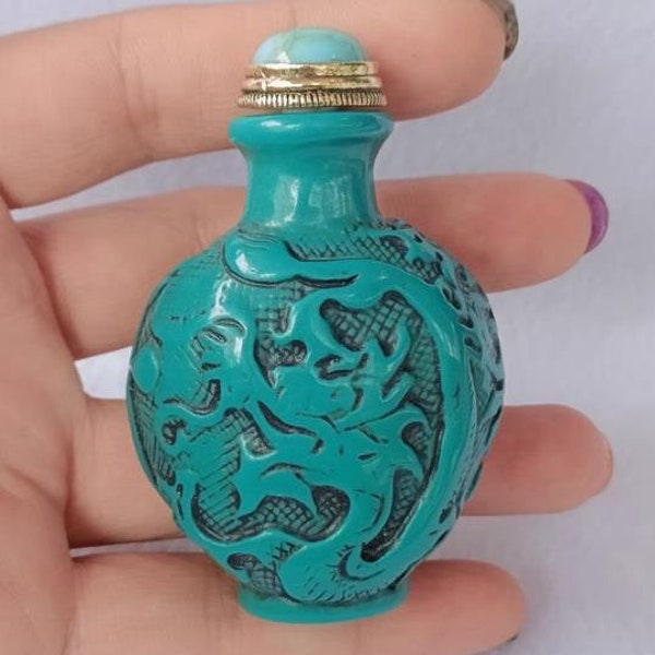 Botella de rapé con diseño de dragón turquesa tallado a mano, decoración de muebles, forma rara, vale la pena coleccionar y usar, antigüedad china