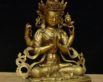 仏像 銅製 玉石象嵌 中国美術 中国のアンティークの手作り彫刻純銅メッキ、金と銀の象嵌宝石、絶妙な