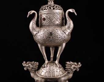 Chinese antique collection Tibetan silver inlaid gemstone Incense burner,unique craftsmanship,furniture decoration,precious and unique