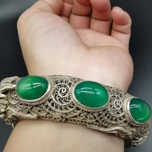Chinese Antiques Handmade Tibetan silver inlaid jade bracelet，Wedding gift, gift for he,Collectible and wearable